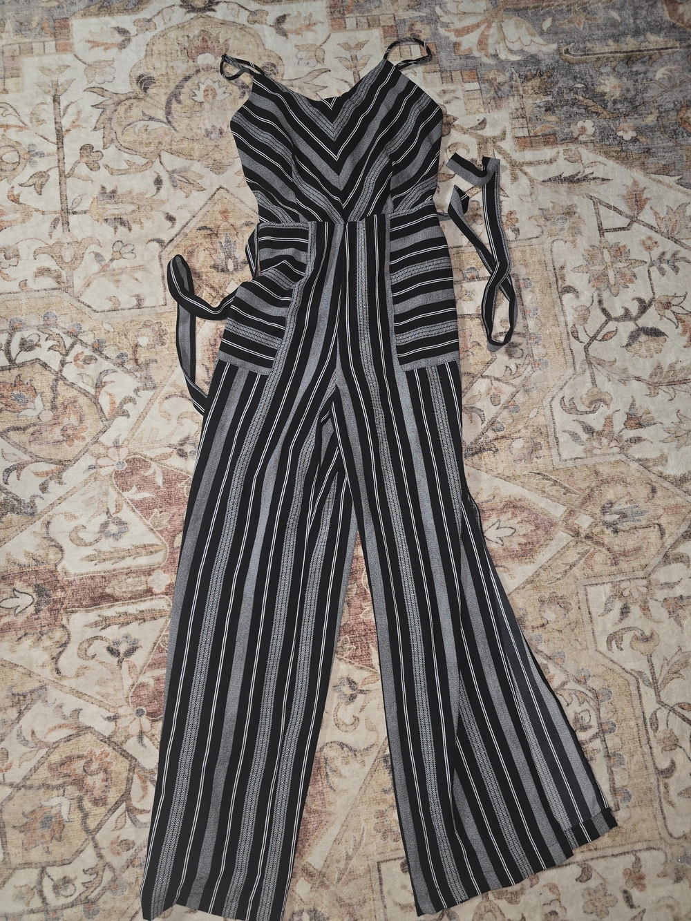 Material Girl Black and Gray Striped V-Neck Wide Leg Jumpsuit